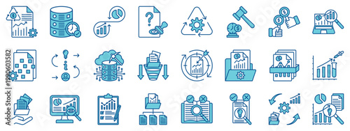 Data analytics and business intelligence line icon set. Line Filled icon including data management, data mining, audit, approval, bidding, auction, processing, research, governance, cloud computing