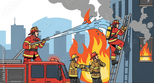 Firefighters Battling a Blazing Building Fire with Water Hose.