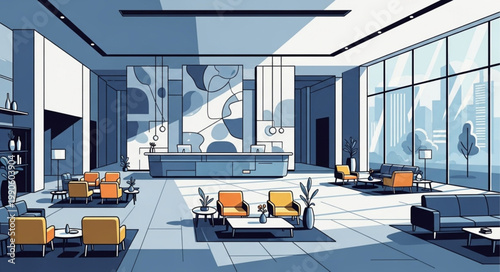 Modern Office Lobby Interior with Large Windows and Seating Areas.