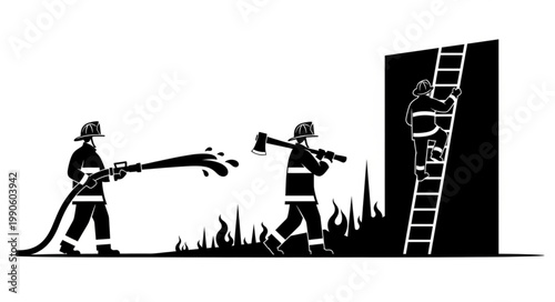 Firefighters battling a blaze with water and axe rescue.