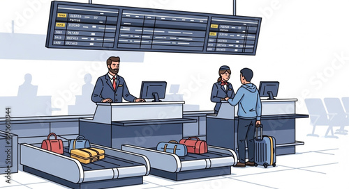 Airport check in counter with passengers and luggage.