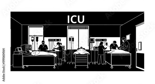 Intensive Care Unit Scene with Medical Equipment and Staff.