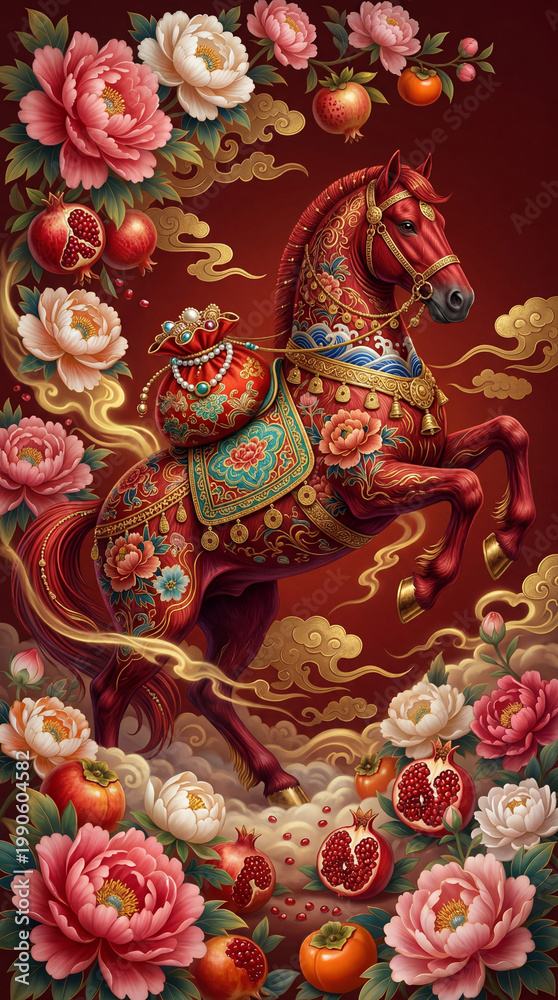 Obraz premium Artistic Chinese Zodiac Horse Surrounded by Blooming Pink Peonies and Golden Clouds