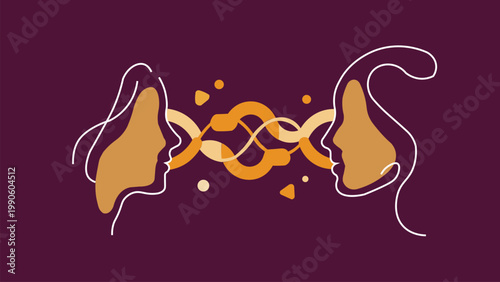 Golden abstract line art of two faces sharing a neural thought connection vector.