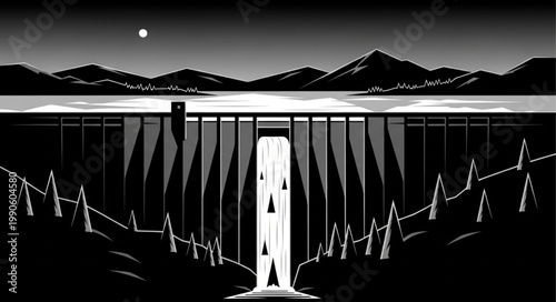 Modern Dam Structure Holding Back Water Reservoir Landscape.