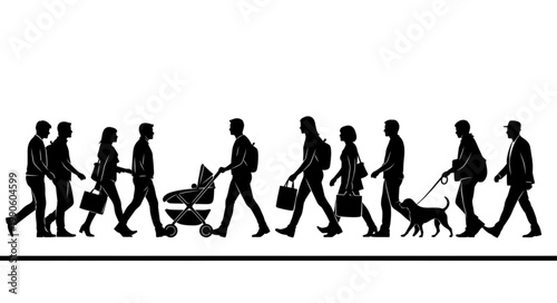 Diverse group of people walking in silhouette against white background.