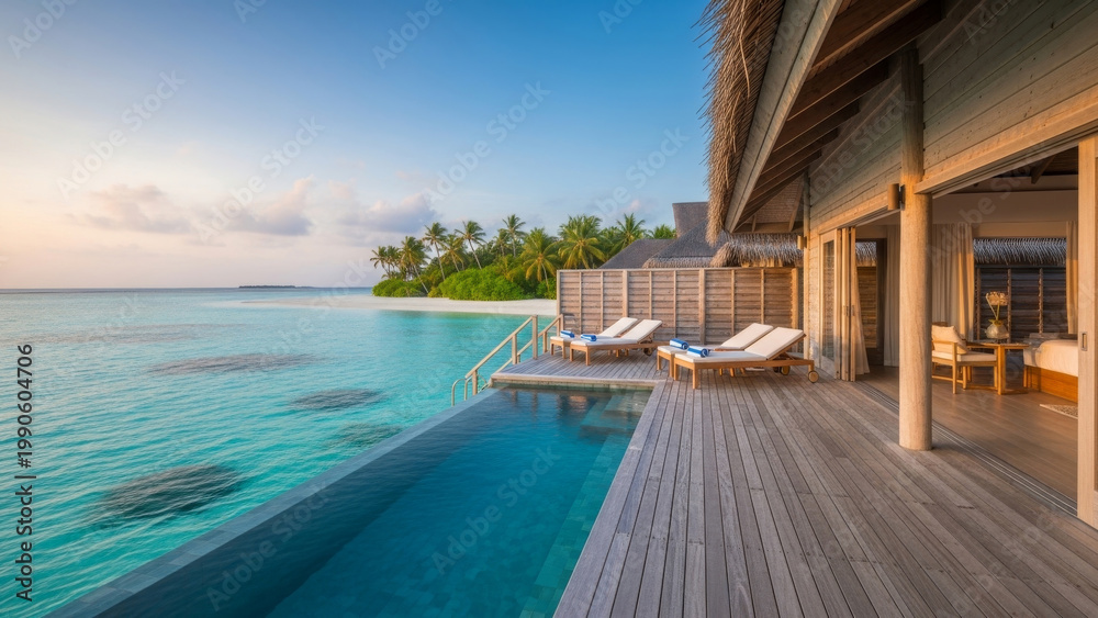 Fototapeta premium Luxury tropical island resort with infinity pool and lounge chairs overlooking serene ocean at sunset