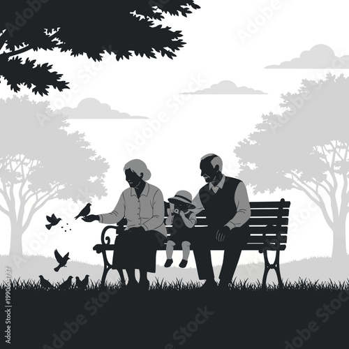 Elderly Couple Sitting on Park Bench.