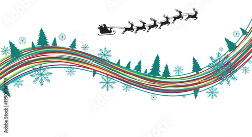 Festive holiday scene features Santa Claus in his sleigh pulled by reindeer flying over a snowy landscape with green trees and snowflakes.