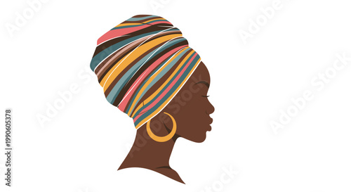 Profile view silhouette of a beautiful Black woman wearing a vibrant colorful striped headwrap and elegant gold hoop earrings.