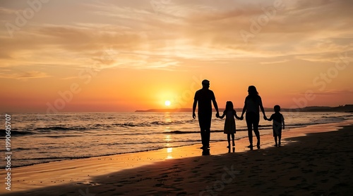 Silhouette of family with two children walking on beach at sunset