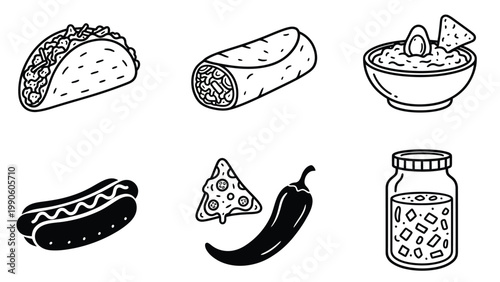 Hand-Drawn Fast Food & Mexican Icons Set. Outline illustrations of taco, burrito, hot dog, nachos, guacamole, chili pepper, and jar.