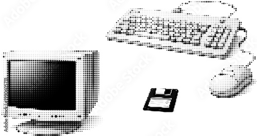Halftone vector png of grunge retro computer setup with transparent background