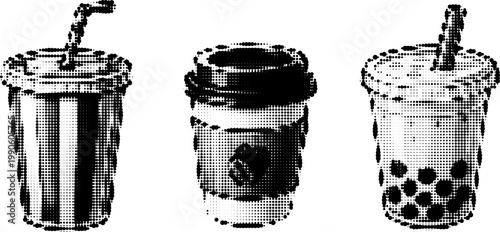 Halftone vector transparent png grunge illustration of three bubble tea and coffee cups in trendy style
