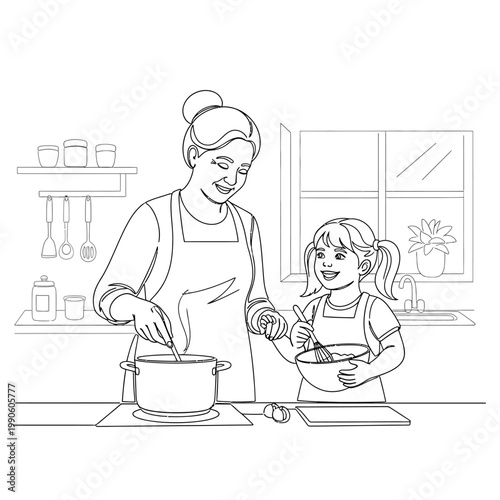 Woman and girl cooking together indoors.