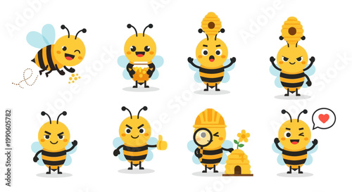 Cute Cartoon Bees Set: Happy, Working, Exploring, and Expressing Emotions
