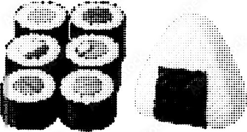 Halftone vector grunge sushi and onigiri design in transparent png style