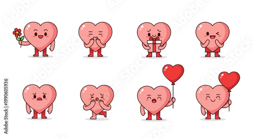 Cute Heart Characters with Various Emotions and Actions