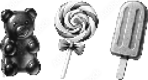 Halftone vector grunge gummy bear, lollipop, and popsicle transparent png art