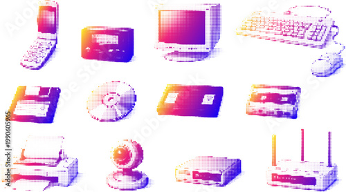 Halftone vector of retro technology electronics in grunge style transparent png. cassette, printer, monitor, keyboard, mouse, cd, floppy disk