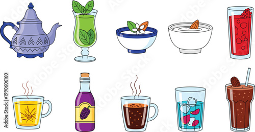 Traditional Middle Eastern and North African Beverage Vector Illustration Set Featuring Moroccan Mint Tea Arabic Coffee Hibiscus Juice Sahlab and Rose Water Infusions for Menus