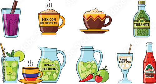 Traditional Latin American Beverage Vector Illustration Set Featuring Mexican Hot Chocolate Brazilian Caipirinhas Yerba Mate Pisco Sour and Colombian Coffee for Global Menus