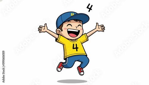 Joyful boy in cap and t-shirt with number 4 jumping with excitement