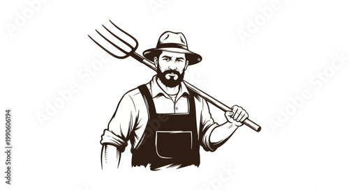 Farmer with Pitchfork, Rustic Agricultural Worker Illustration