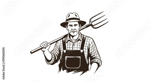 Farmer with Pitchfork, Vintage Illustration, Agriculture, Rural Life, Farm Work
