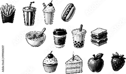 Halftone vector of grunge snack foods and drinks in transparent png style. Fries, ice cream, hotdog, cake, cupcake, strawberry, bubble tea, sandwich