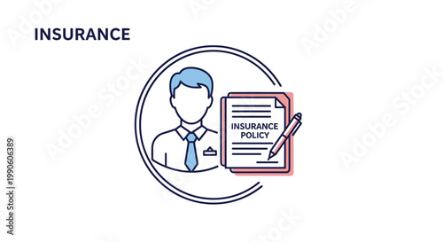 Professional insurance policy icon depicting a businessman next to a signed document and a pen in a circular frame.