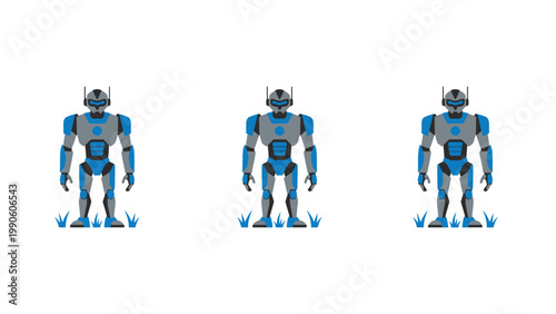 Three identical blue and grey humanoid robots standing on grass. AI, automation, and future technology concept in flat illustration.
