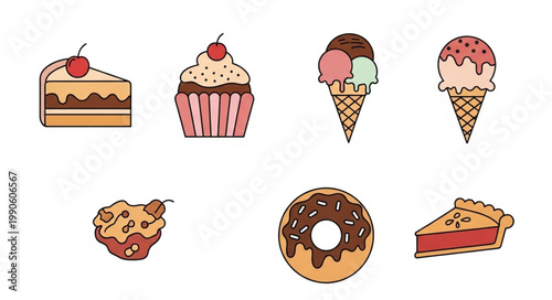 Collection of delicious sweet desserts and treats illustration.