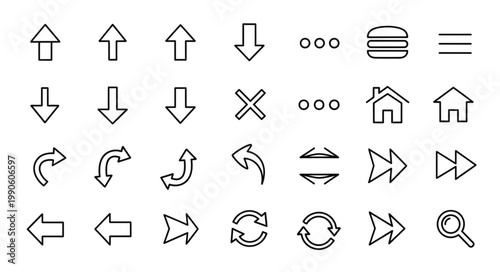 Collection of simple line icons for user interface design.