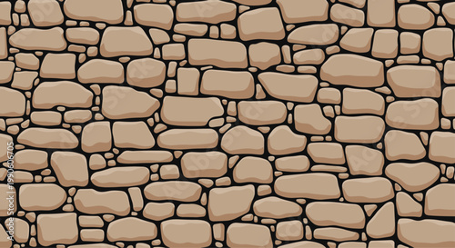 Seamless stone wall texture displays large rounded beige rocks tightly packed together in an organic pattern for architectural design.