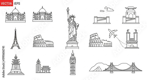 Collection of famous global landmarks and architectural icons.