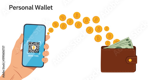Mobile payment concept shows a hand using a smartphone to scan a QR code for transferring bitcoin into a brown leather wallet.