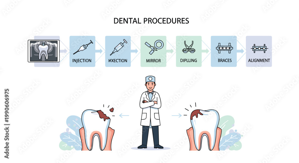 Fototapeta premium Dental procedures infographic shows steps of tooth care including x-rays injections mirror exams and alignment with a professional.