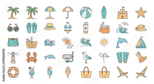 Summer beach vacation icons and symbols.