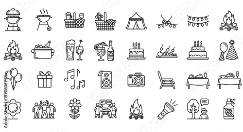 Camping icons and travel symbols.