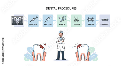 Dental procedures infographic shows steps of tooth care including x-rays injections mirror exams and alignment with a professional.