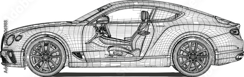Sports car wireframe model illustration, transparent vehicle structure with detailed 3D mesh design for automotive engineering and visualization concept