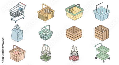 Shopping carts and baskets for groceries.