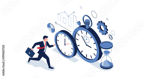 Businessman runs next to large clocks and an hourglass symbolizing the importance of time management and meeting project deadlines.