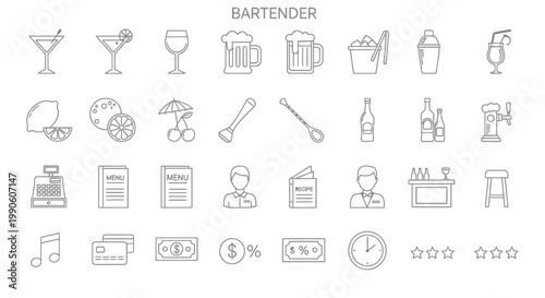 Bartender profession service industry icon set.