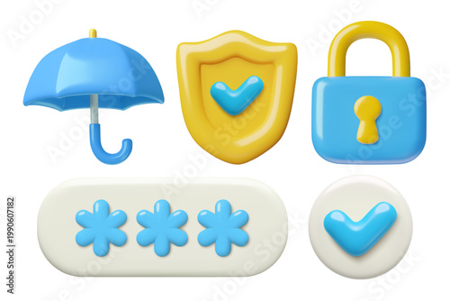 Lock, shield, umbrella, password and check mark 3d protection and data safety icons set. Vector illustration.
