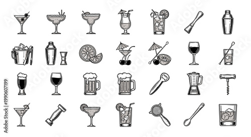 Cocktail bar icons and drinks symbols.