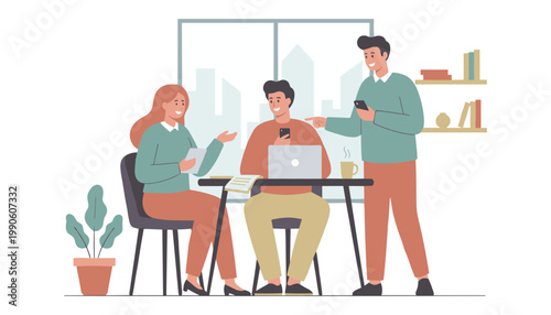 Three smiling colleagues are actively collaborating on a project in a bright modern office, utilizing a laptop and engaging in conversation.