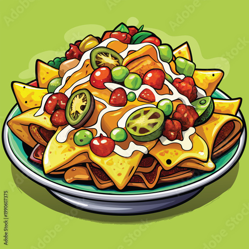 A large plate of nachos layered high with various toppings