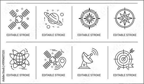 Space science line icons set satellite planet compass radar target editable stroke vector collection minimal modern technology symbols